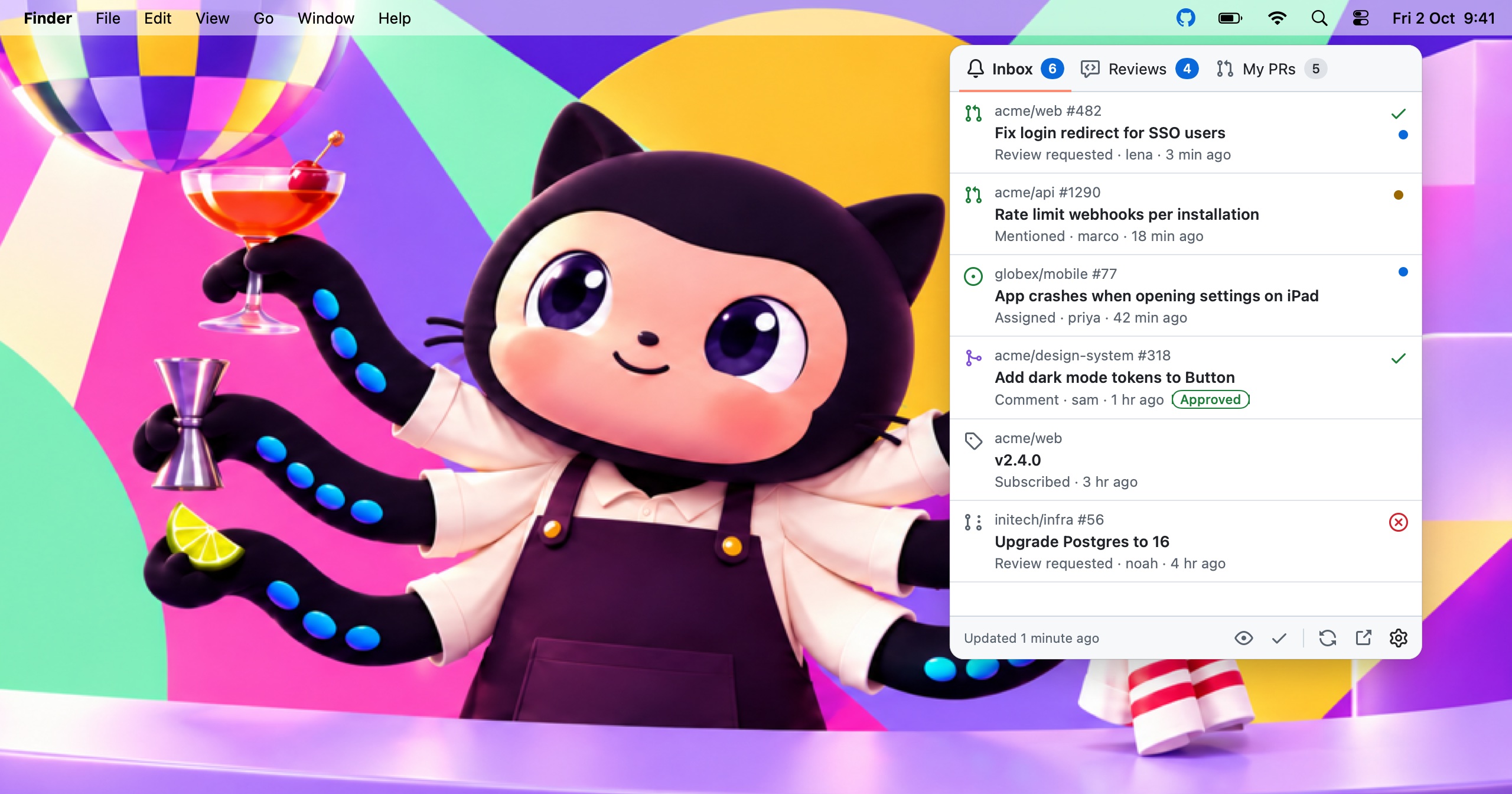 GitHubBar open in the macOS menu bar, showing unread notifications with their pull request state and CI status